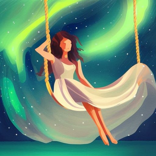Ethereal Woman on Rope Swing with Aurora