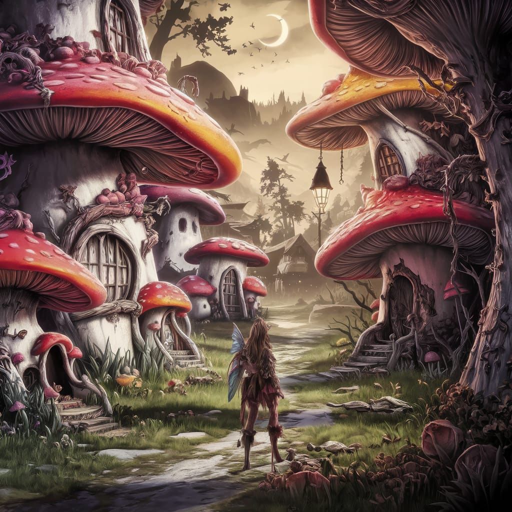 Ethereal Fairy Amidst Dystopian Rotting Mushroom Village