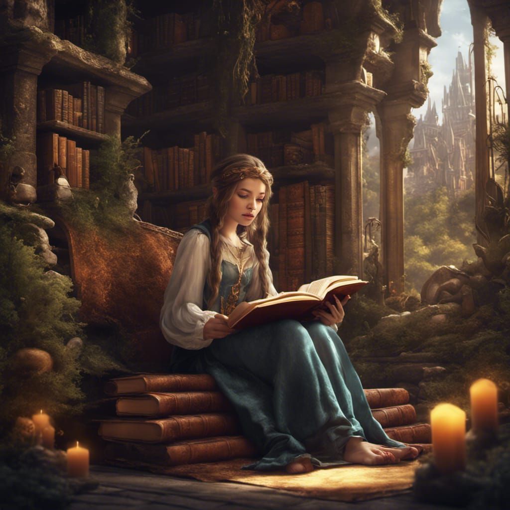Fantasy Girl Reads Book in Enchanted World