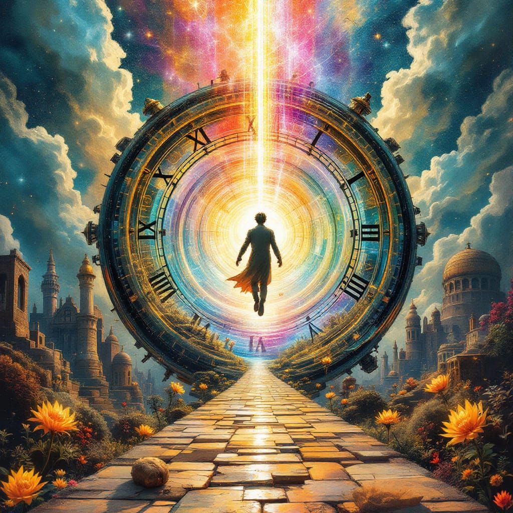 Time Traveler in Translucent Clock: Gouache Painting