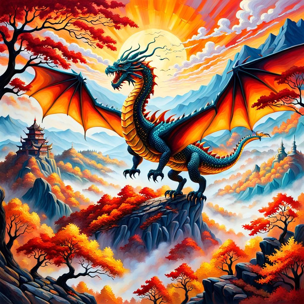 Dragon Soaring Over Autumn Landscape as Oil Painting