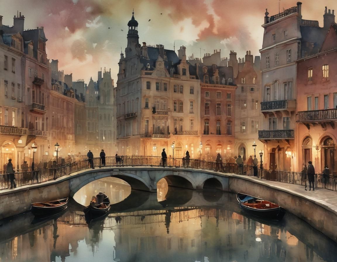 Vintage Watercolor Cityscape at Dusk