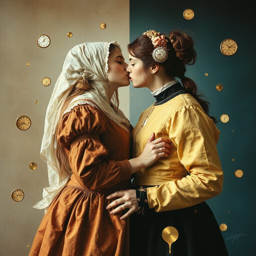 Surrealist Timeless Kiss in Renaissance and Steampunk Styles