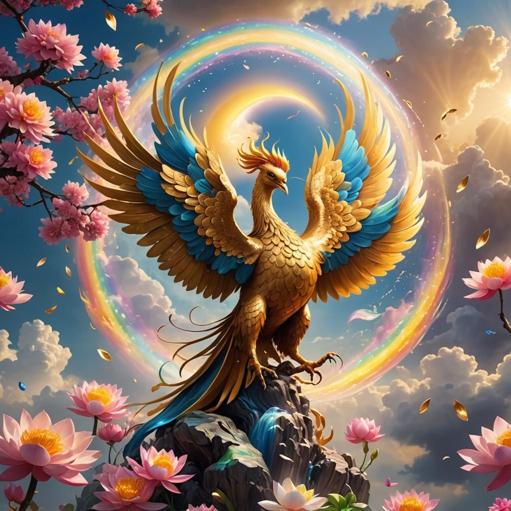 Noble Golden Phoenix in Chinese Lotus Paradise