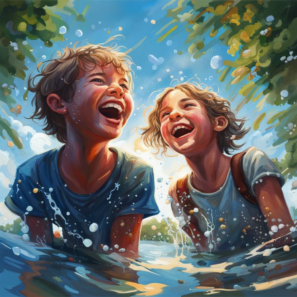Children's Friendship: Pondside Fun in Splash Art Style