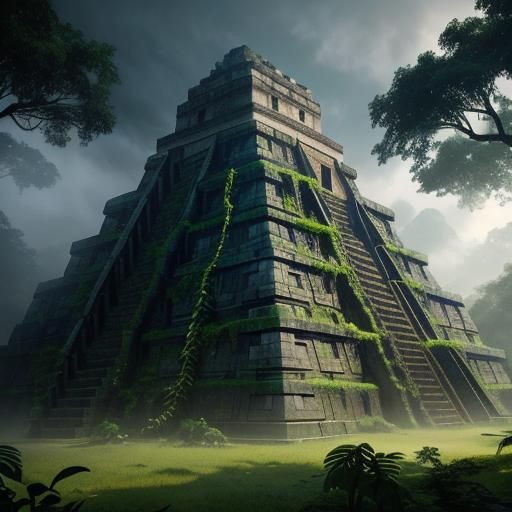 Ancient Mayan Pyramid in Misty Jungle