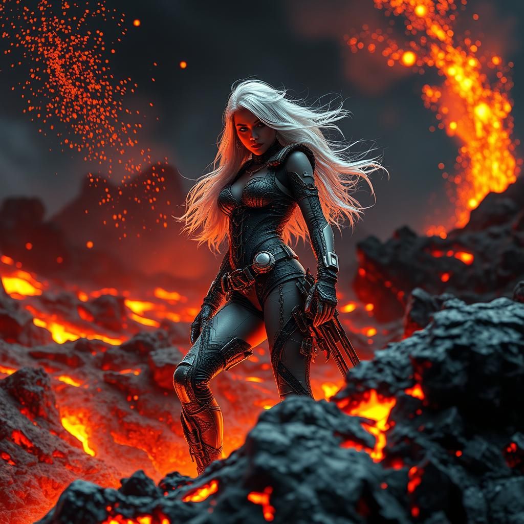 Cyber Girl Emerges from Lava: Hyperrealistic Digital Art