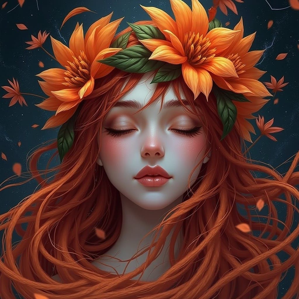 Ethereal Woman with Fiery Hair in Dreamlike Illustration
