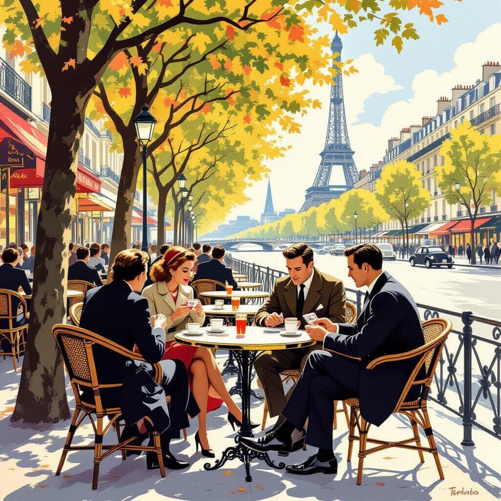 1950s Parisian Cafe Travel Poster Illustration