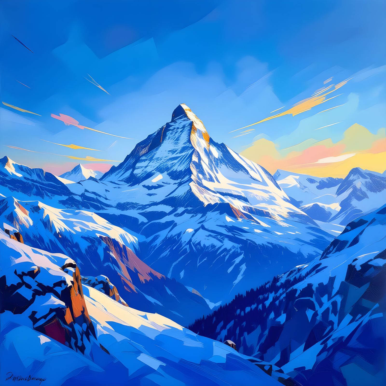 Swiss Alps Panorama: Neo-Impressionist Oil Painting