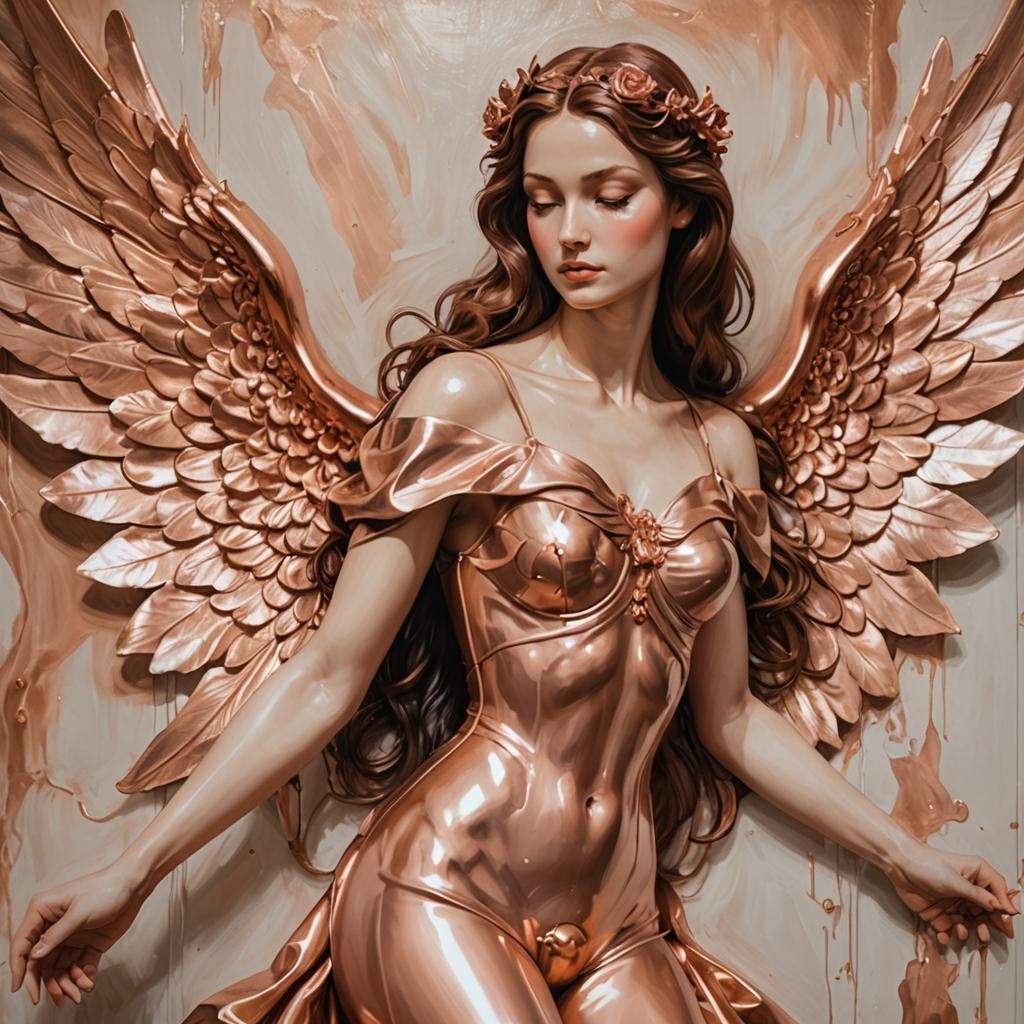 beautiful female angel rose gold latex wings in style of Mic...