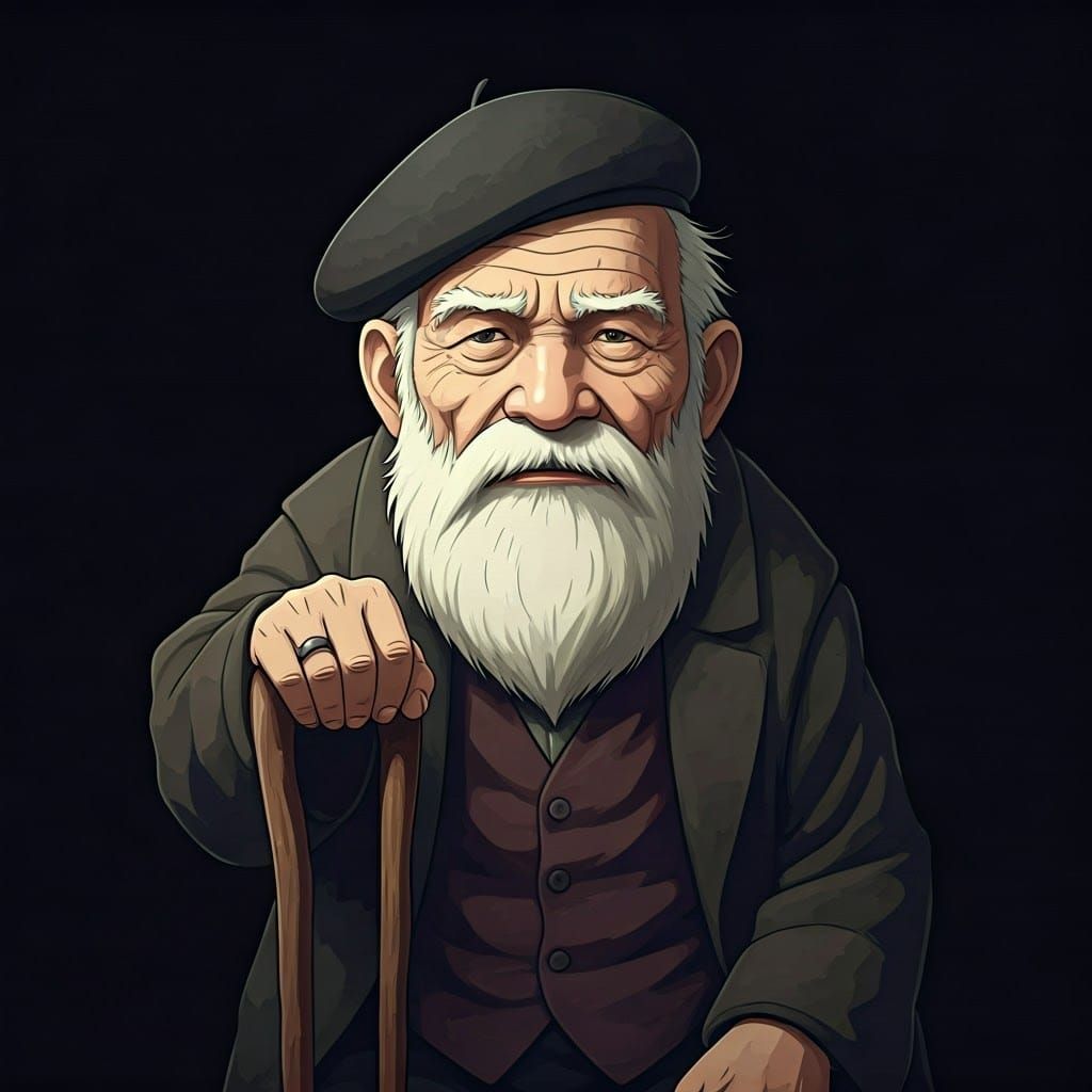 Anime Art: Wise Old Man with Walking Stick