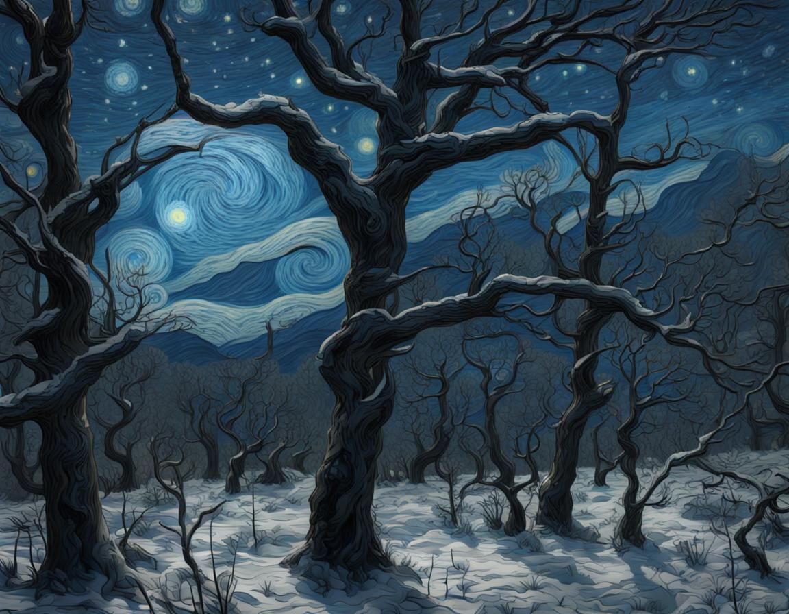 Starry Night Through Winter Branches, Detailed Matte Paintin...