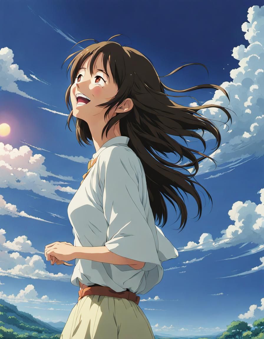 Anime Woman Laughing: Studio Ghibli-Style Portrait