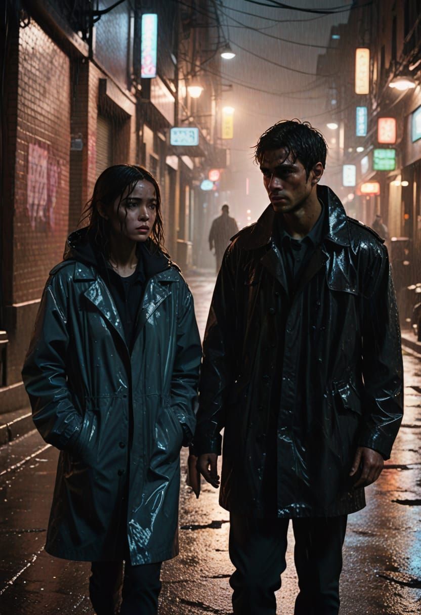 Mysterious Figure in Rainy Alley: Cinematic Still