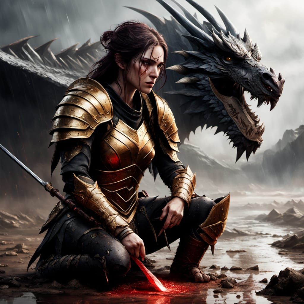 Heroic Female Warrior in Rain-Soaked Battle