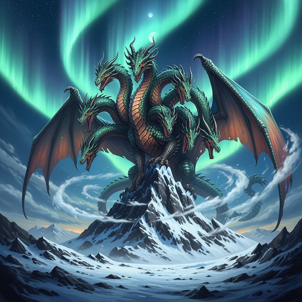 Seven-Headed Dragon on Snowy Peak Under Aurora