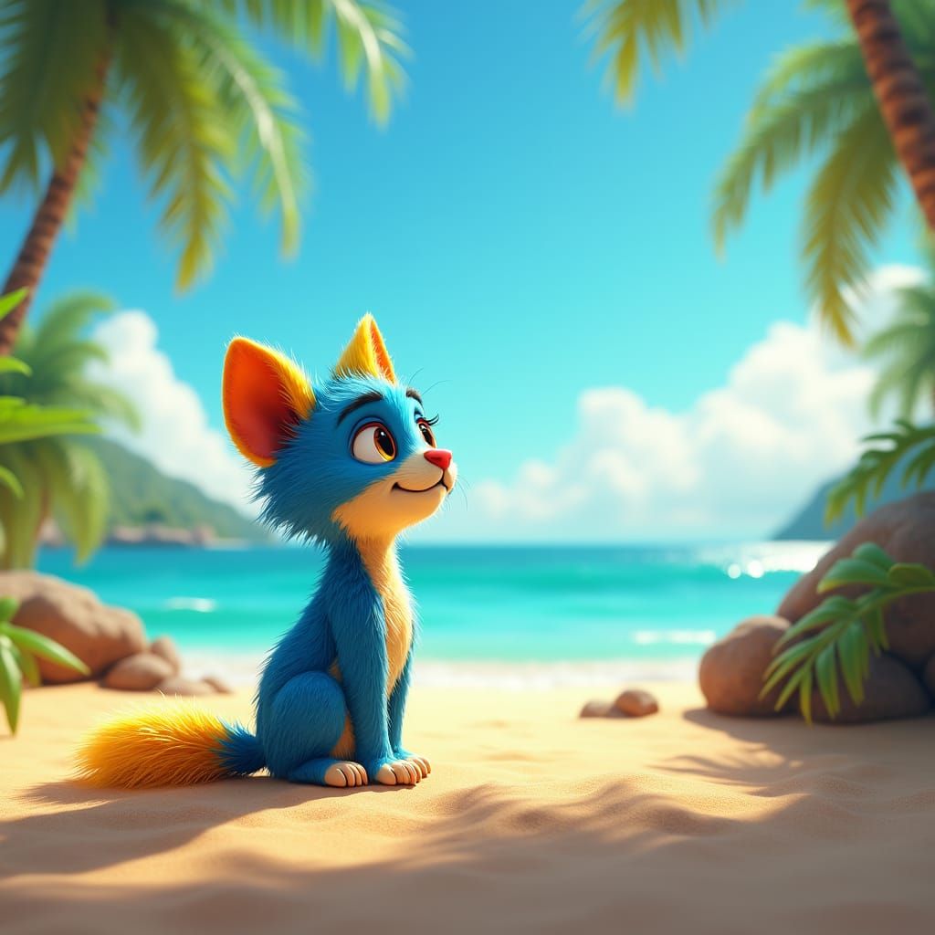 Blue and Yellow Cat Gazing at Ocean, 3D Digital Art