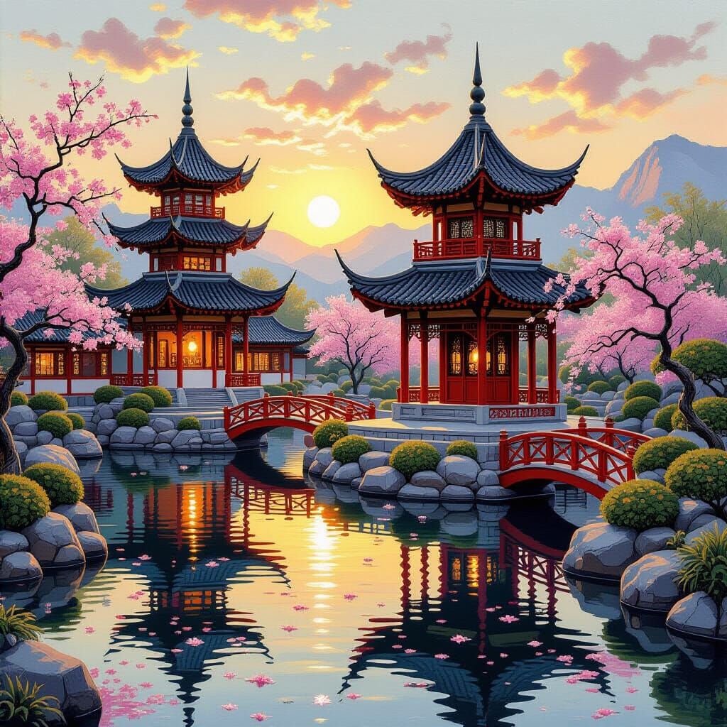 Idyllic Chinese Garden with Pagoda and Bonsai