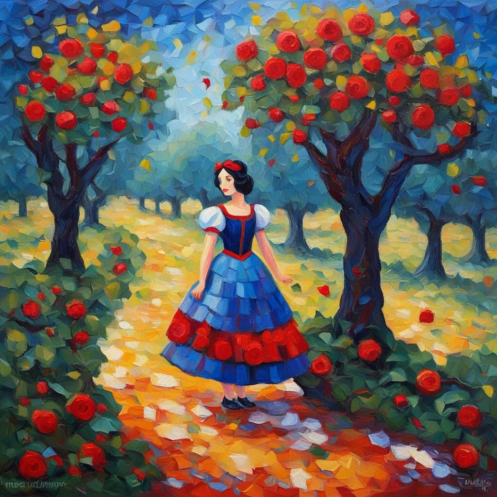 Snow White in Orchard: Expressionist Impasto Painting