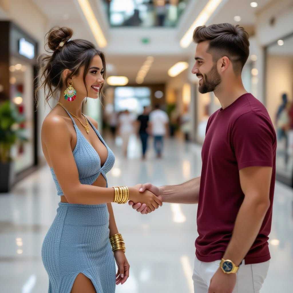 Photorealistic Woman Shaking Hands in Mall