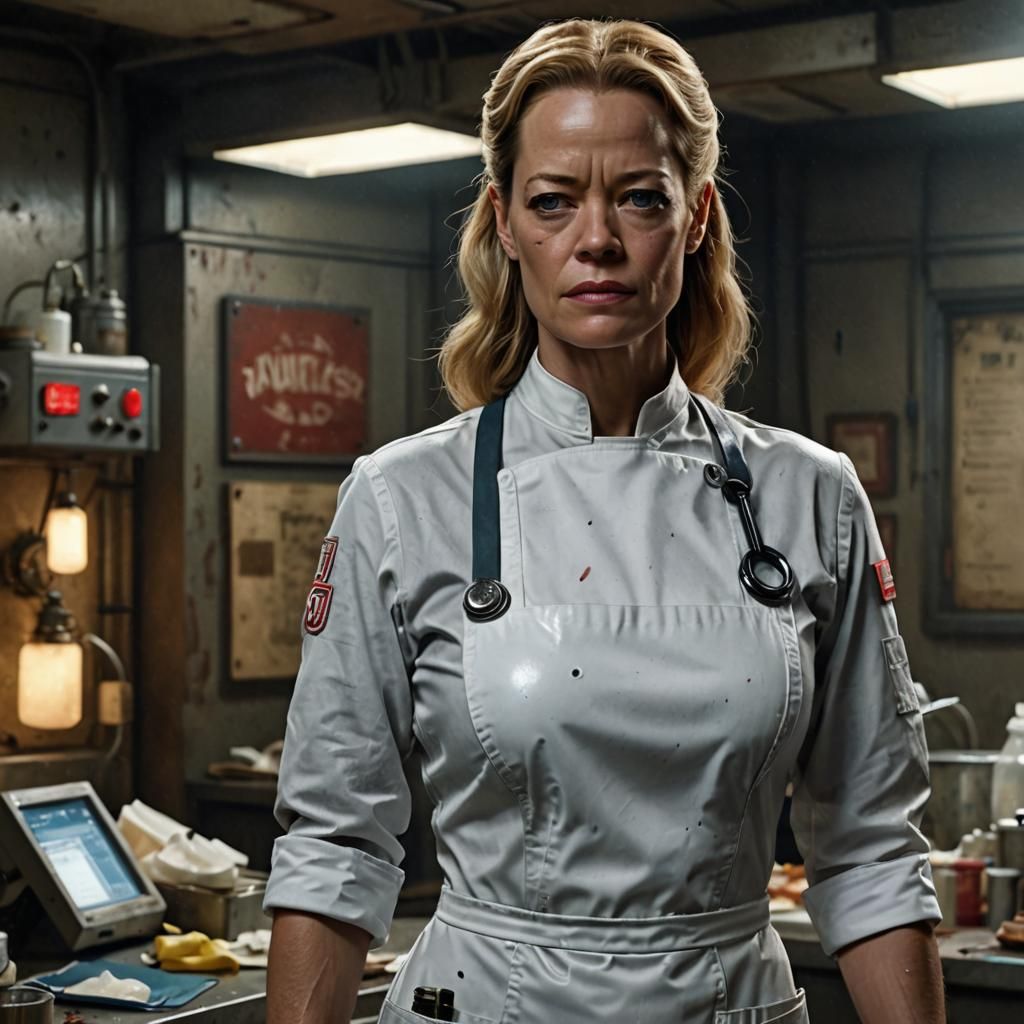 Stern Young Nurse in Rubber Uniform: Detailed Digital Painti...