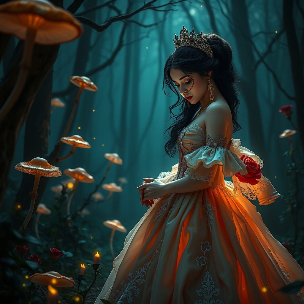 Mysterious Princess in Velvet Gown, Surrounded by Darkness a...