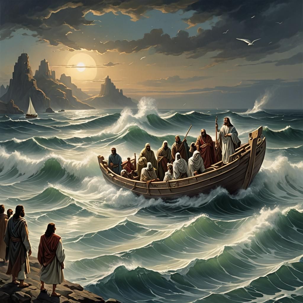 Futuristic Boat Encounter with Jesus, Oil Painting
