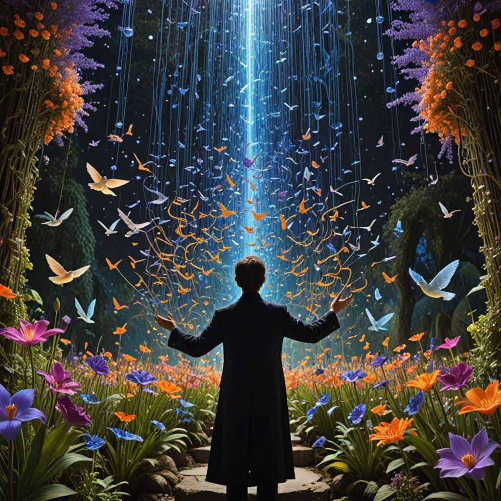 Ethereal Conductor Transforms into Music Notes and Birds