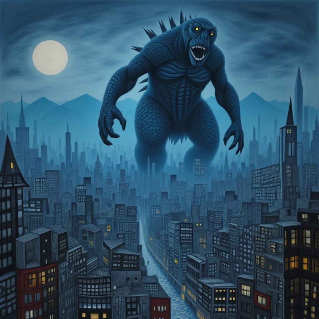 Kaiju menacing a thriving city in the moonlight