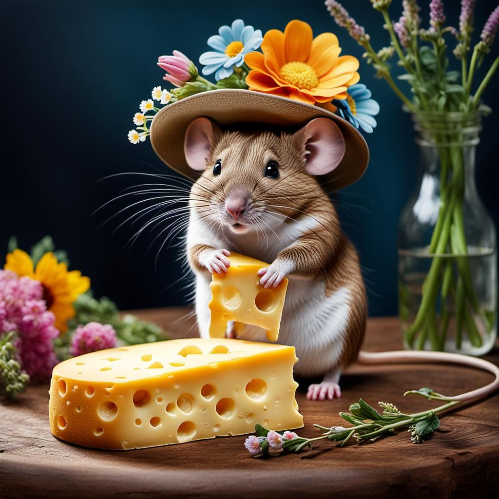 Mouse with Cheese Hat, Whimsical Illustration
