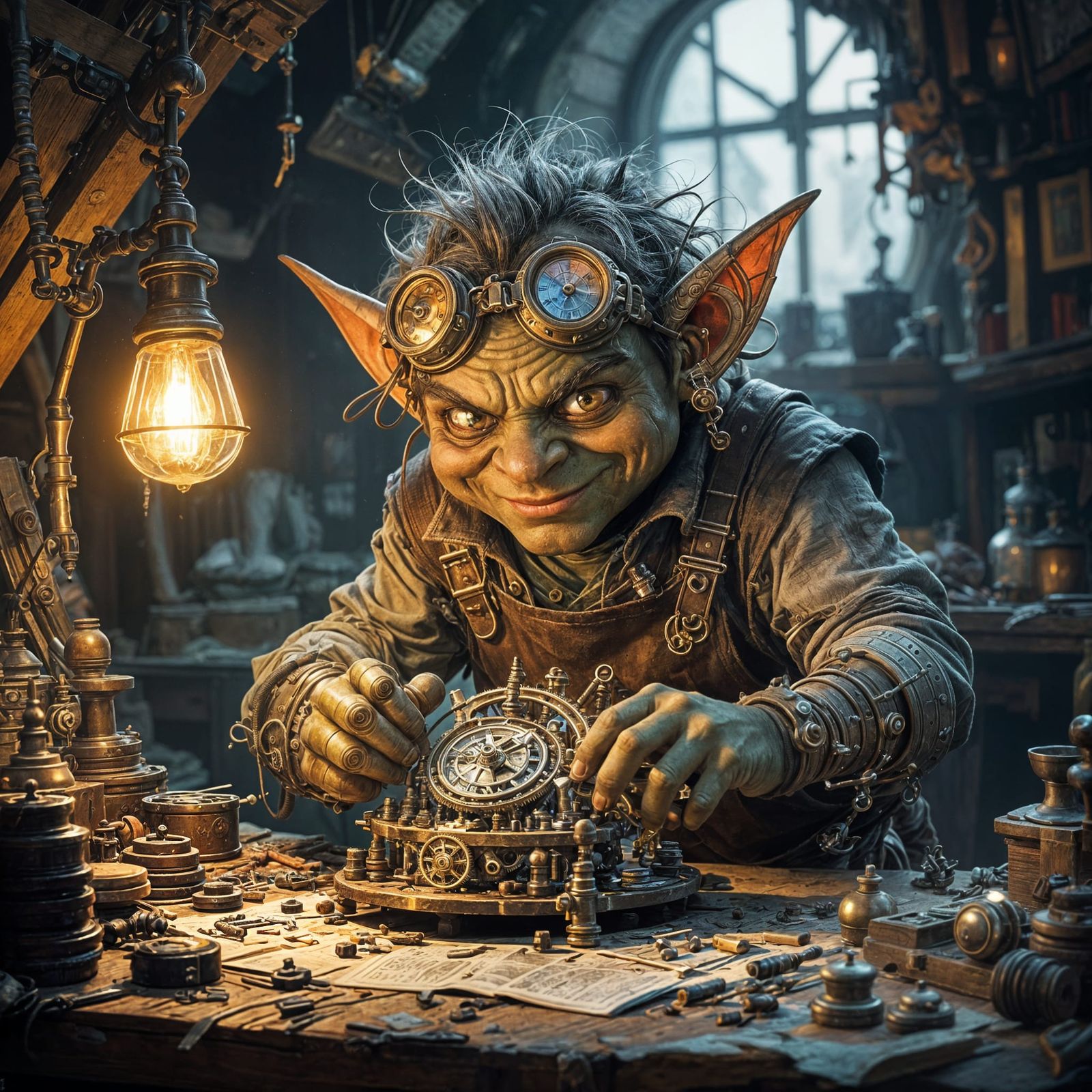 Goblin Tinkerer Working on Clockwork Device in Cluttered Wor...