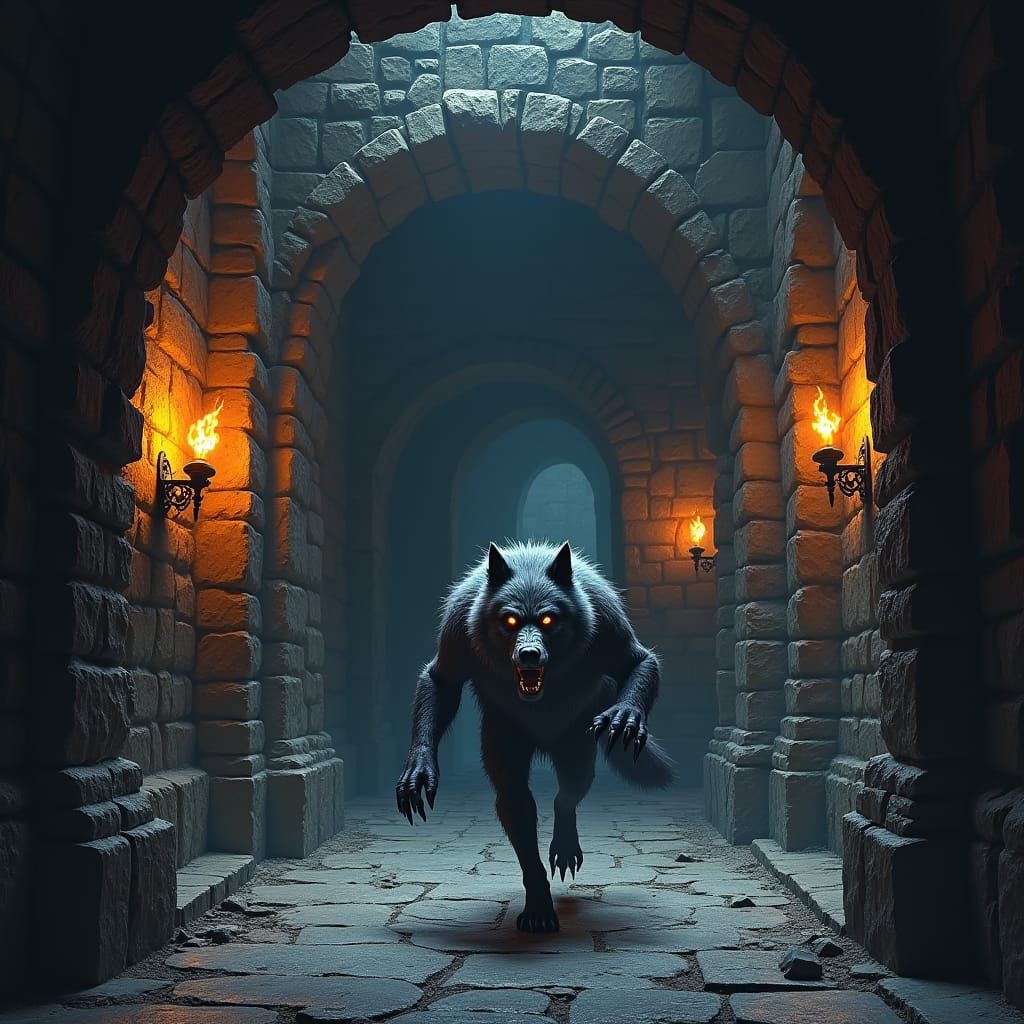 Dwarven Fortress Hall with Demonic Werewolf