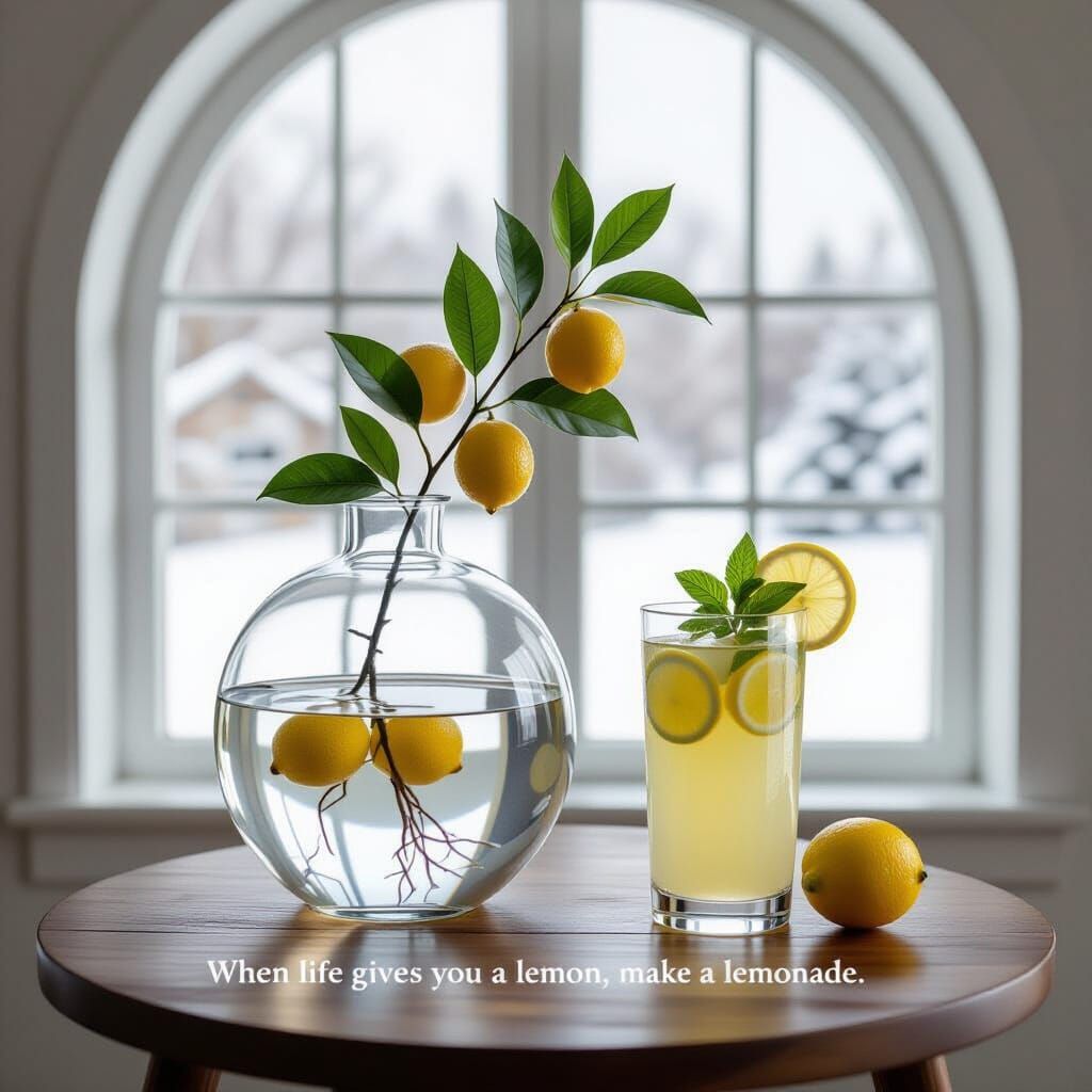 Transparent Vase with Lemon Sprig and Lemonade
