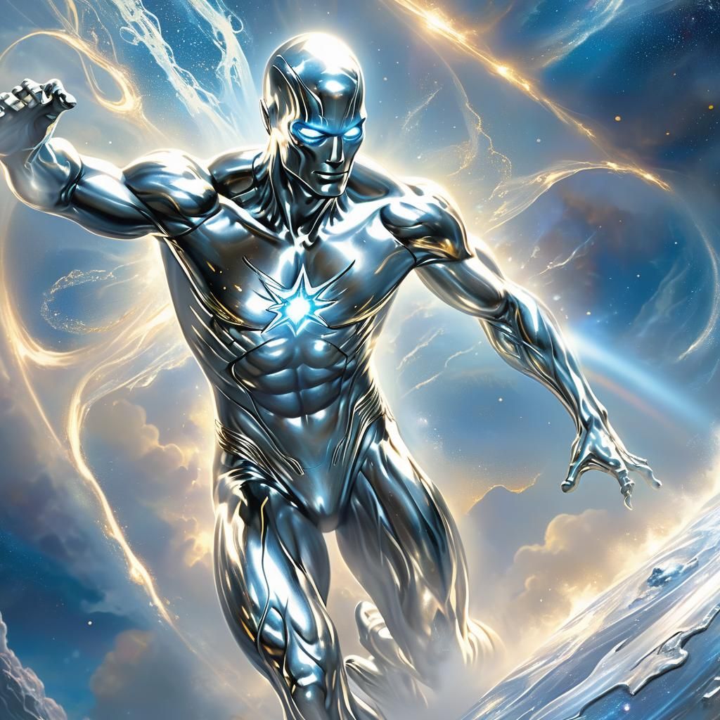 Silver Surfer Soaring Through Cosmic Mist