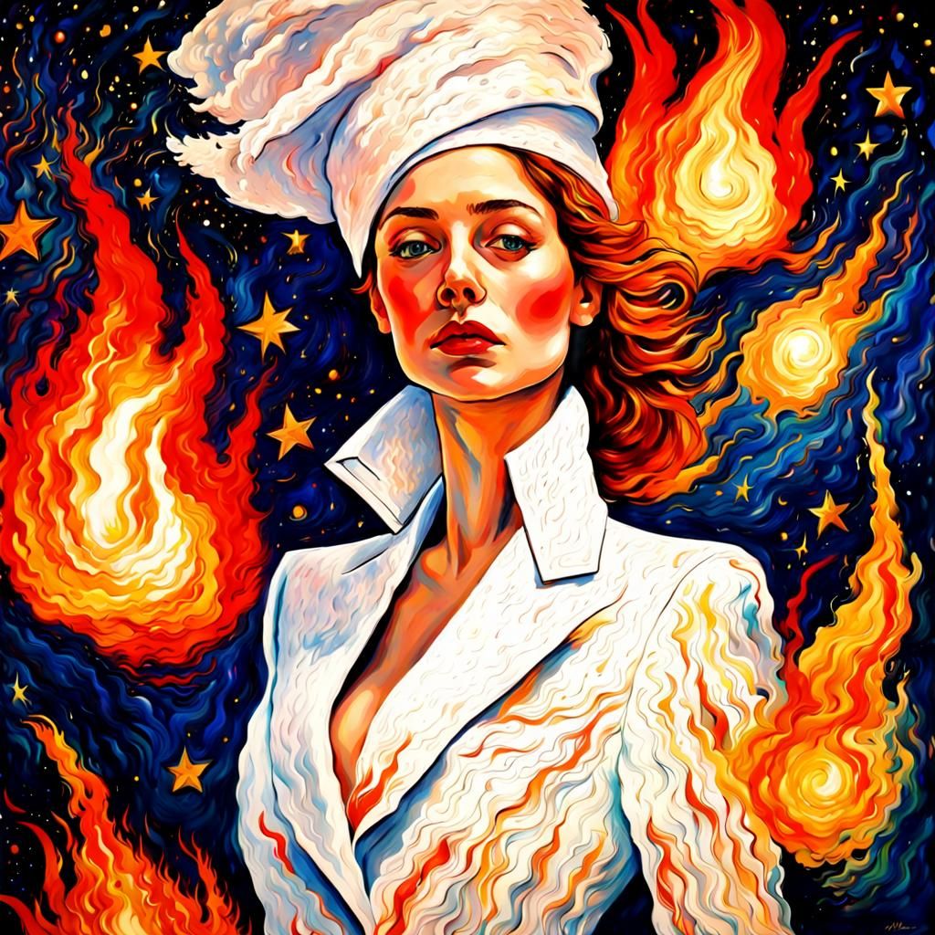 Woman on Fire in Starry Night, Impressionist Style