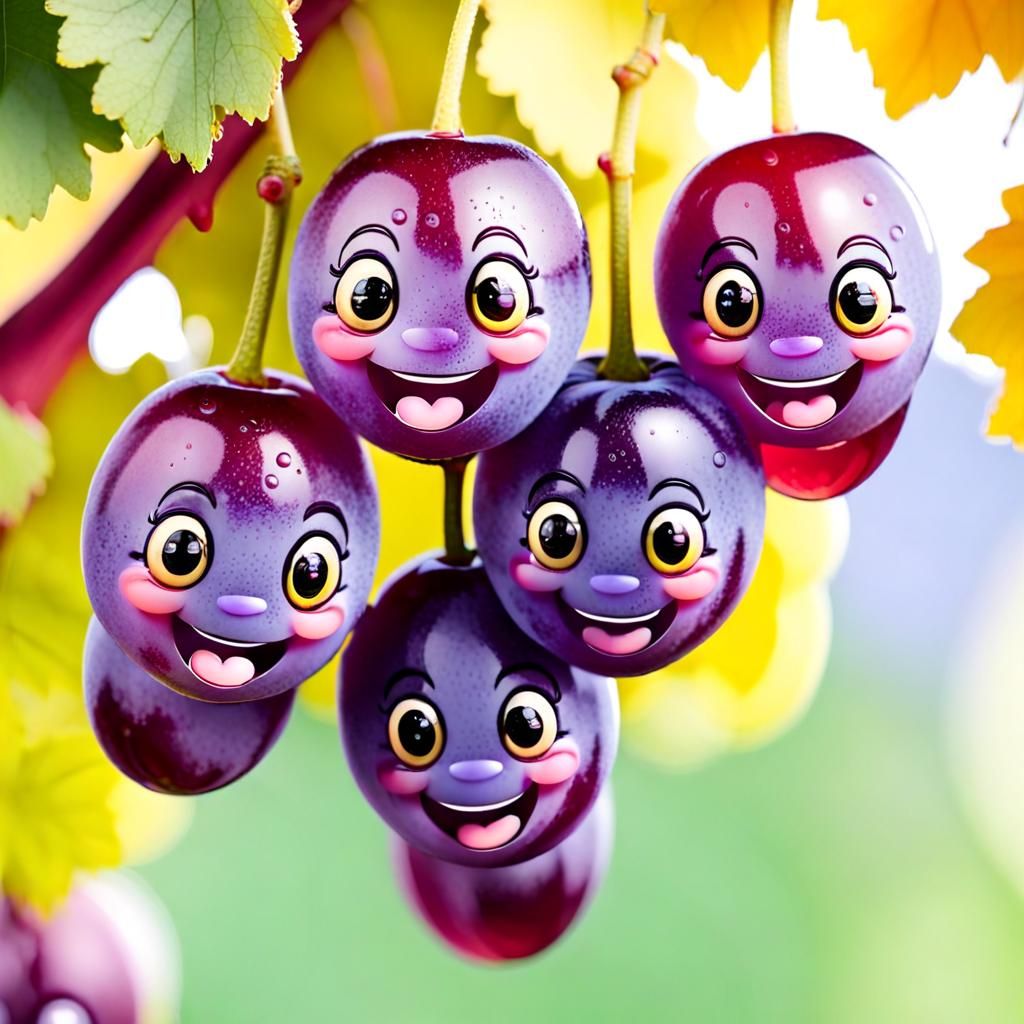 Chibi Grapes with Smiling Faces in Vineyard