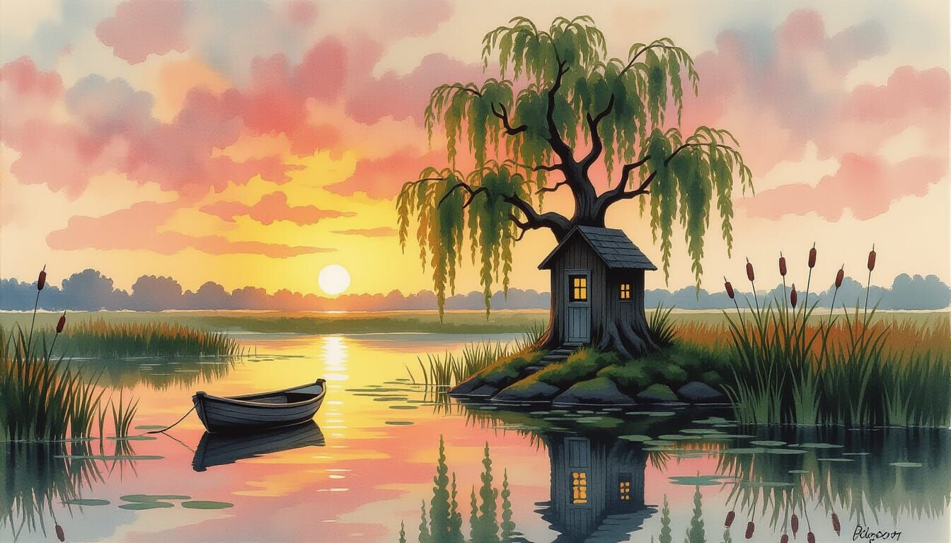 Mystical Swamp Sunset with Willow Tree and Reflection