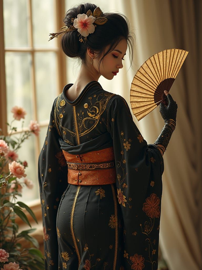 Elegant Cyborg Geisha in Steampunk Elegance