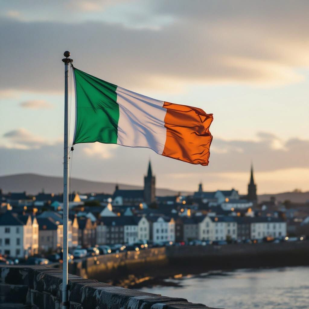 Ireland Flag Waving with Galway Cityscape: Cinematic Style