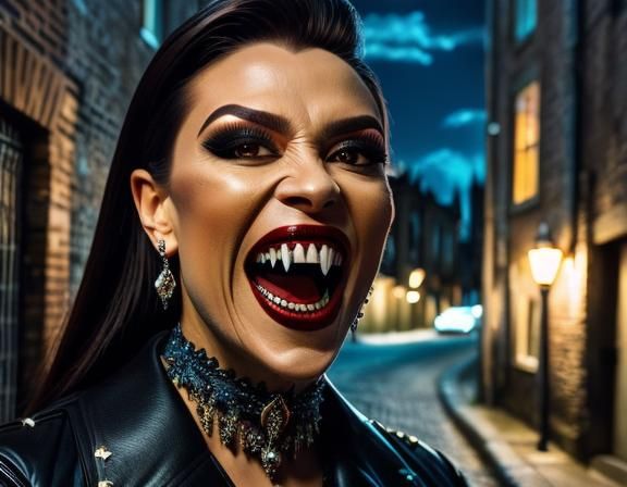 Fierce Vampire Portrait with Fangs in Back Alley