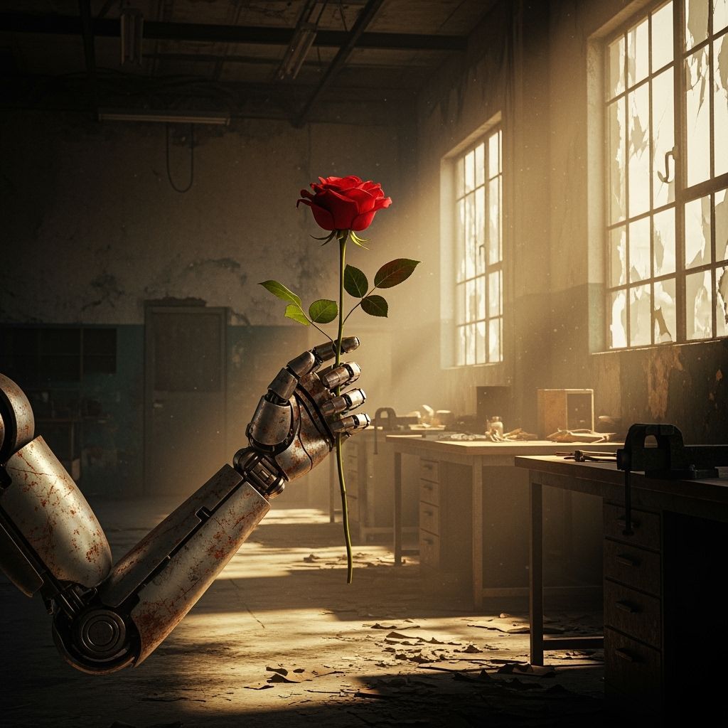 Robot Arm Holds Rose in Abandoned Factory