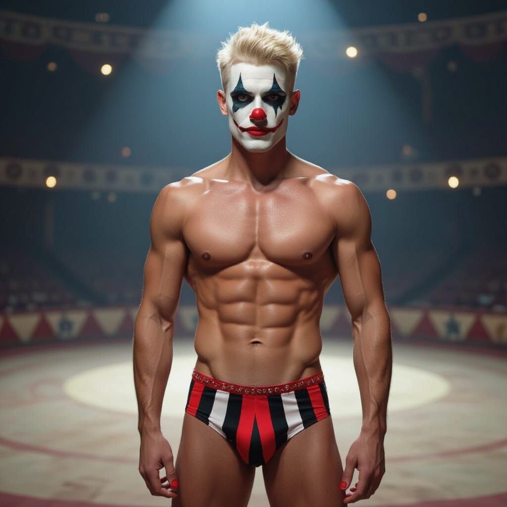 Muscular Harlequin Clown in a Circus Spotlight