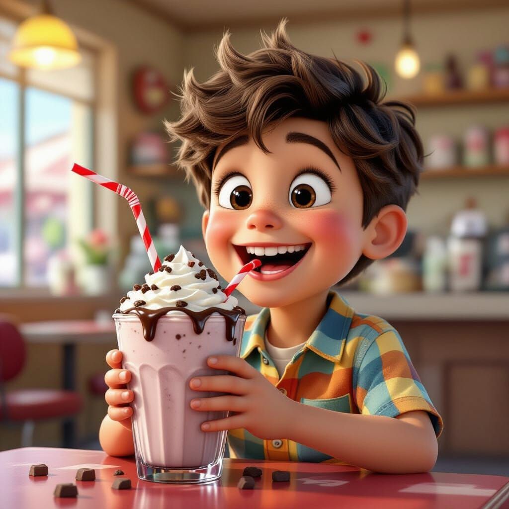 Pixar Style Boy Savoring Chocolate Milkshake
