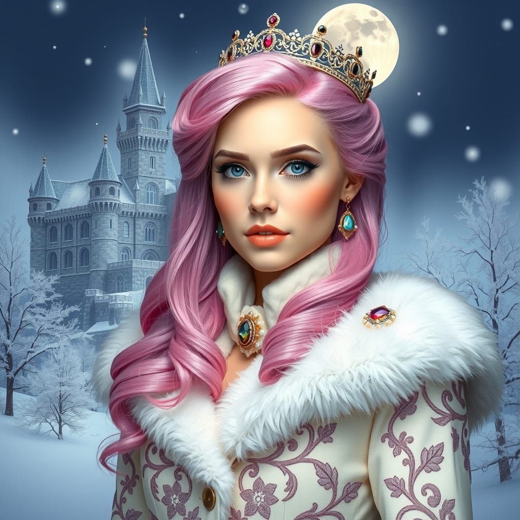 Regal Winter Queen with Cotton Candy Hair and Amethyst Eyes