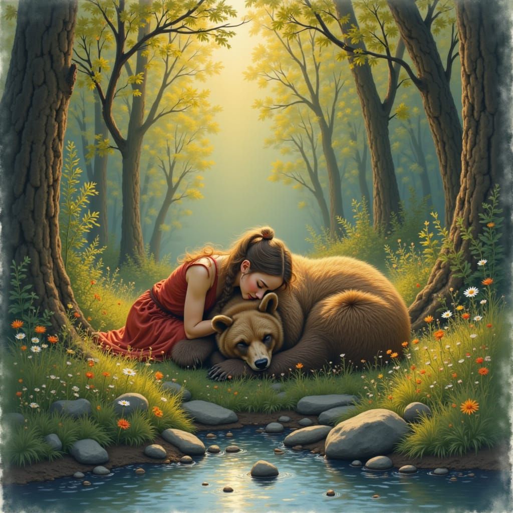 Woman and Bear by River in Dreamy Forest