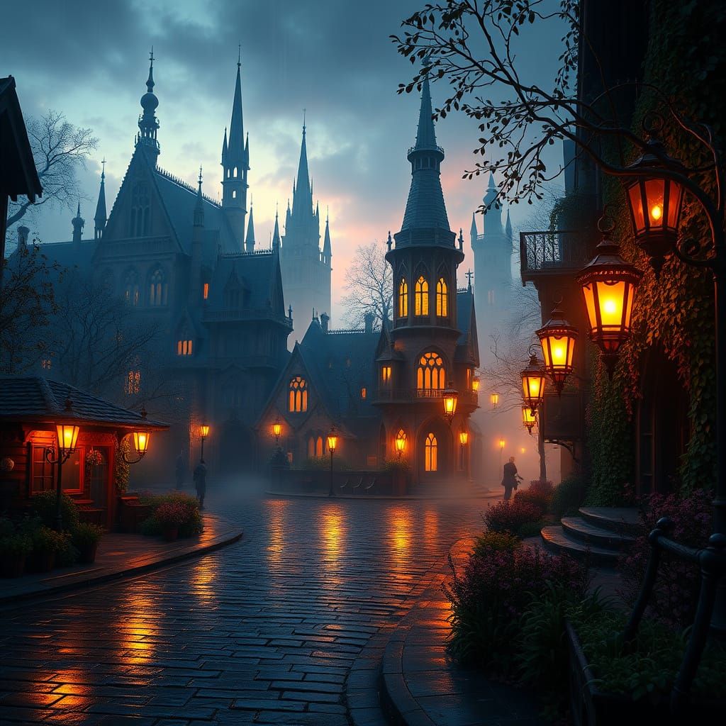 Dreamlike Cityscape at Dusk, with Gothic Architecture and Gl...
