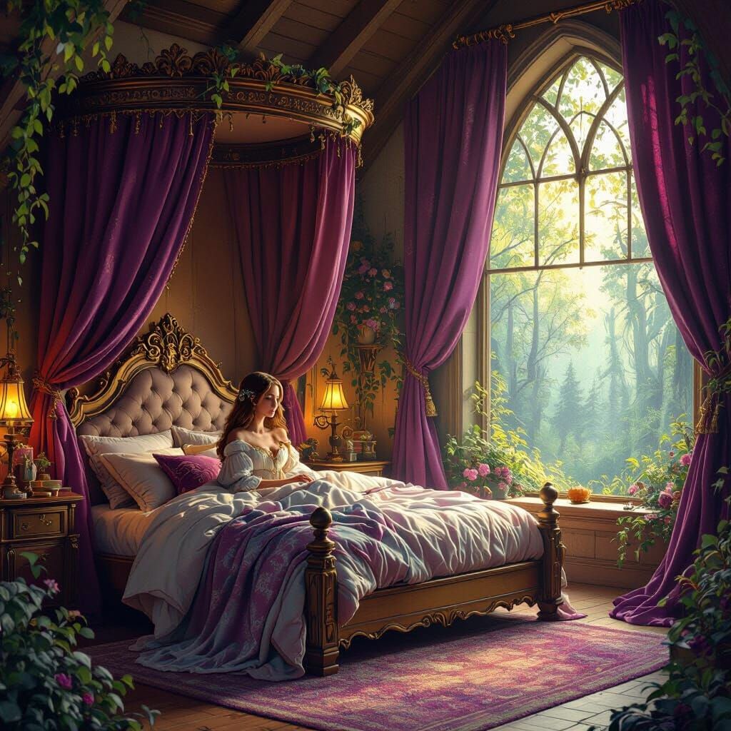 Cozy Fantasy Bedroom with Magical Forest, Dreamy Art