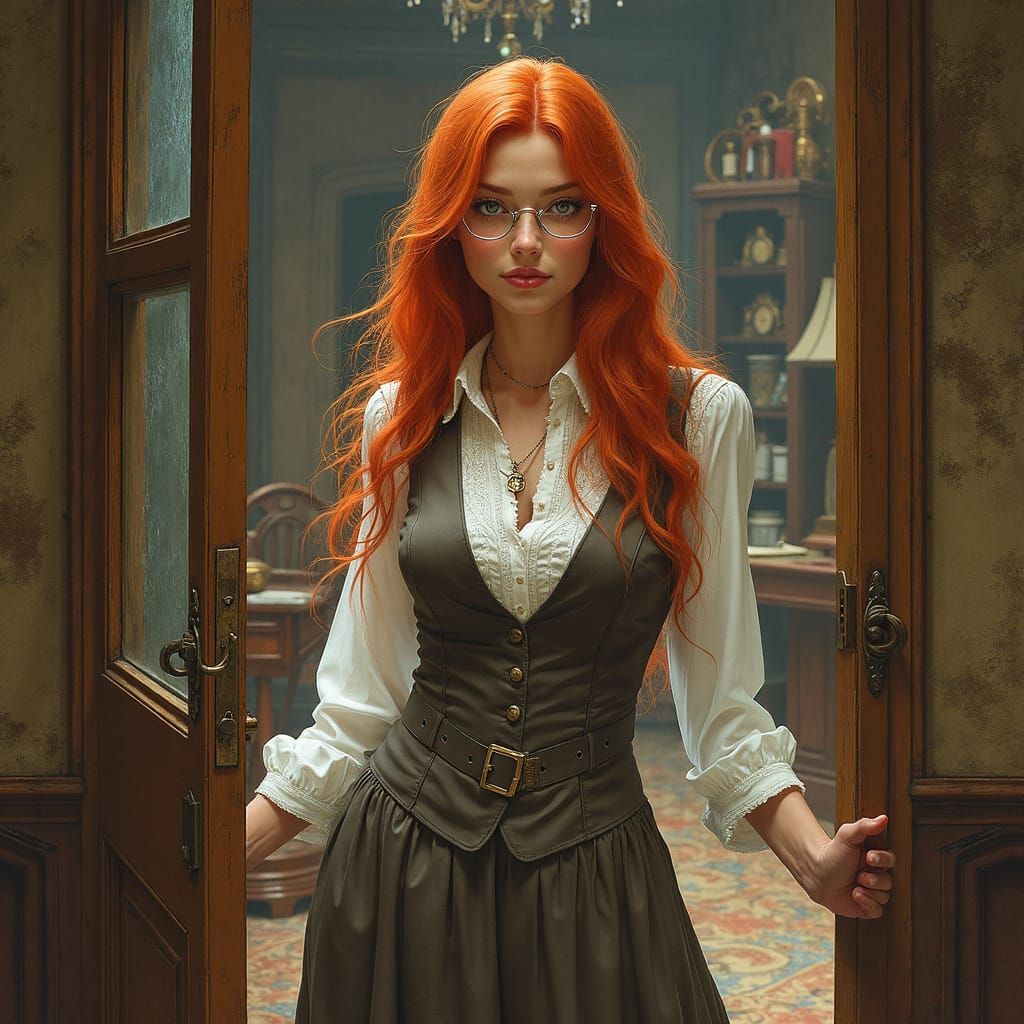 Redhead in Mystical Office, Fantasy Steampunk Style