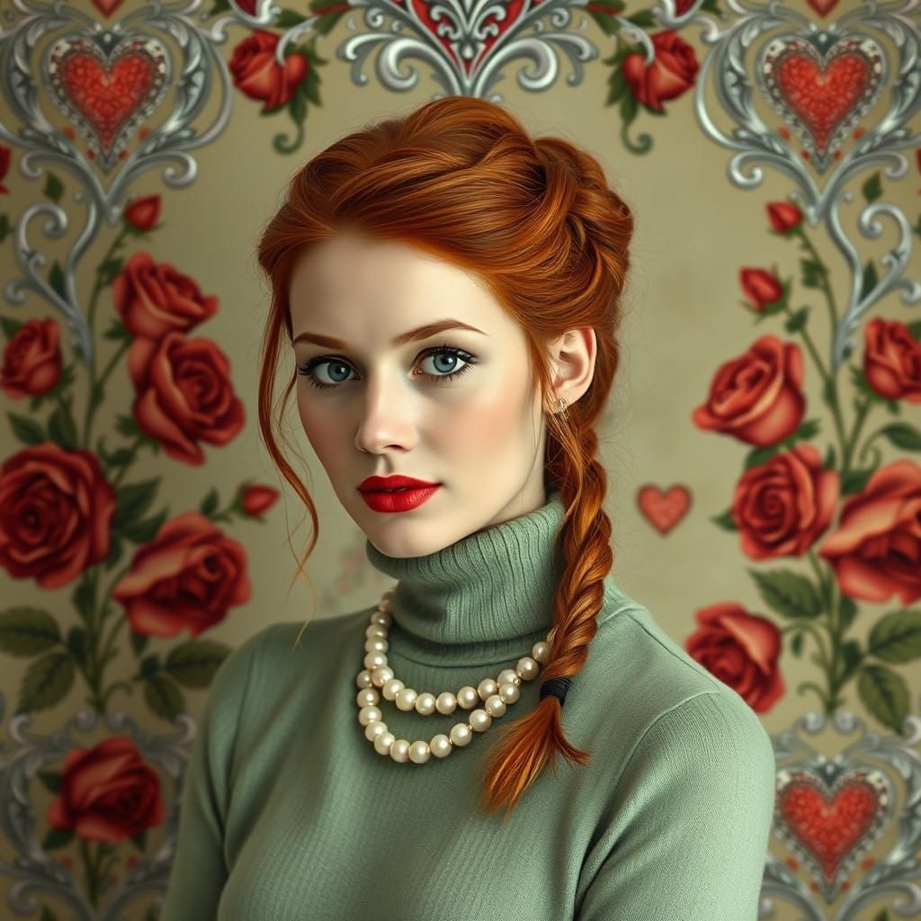 Romanticized Pin-Up Woman in Whimsical Floral Background